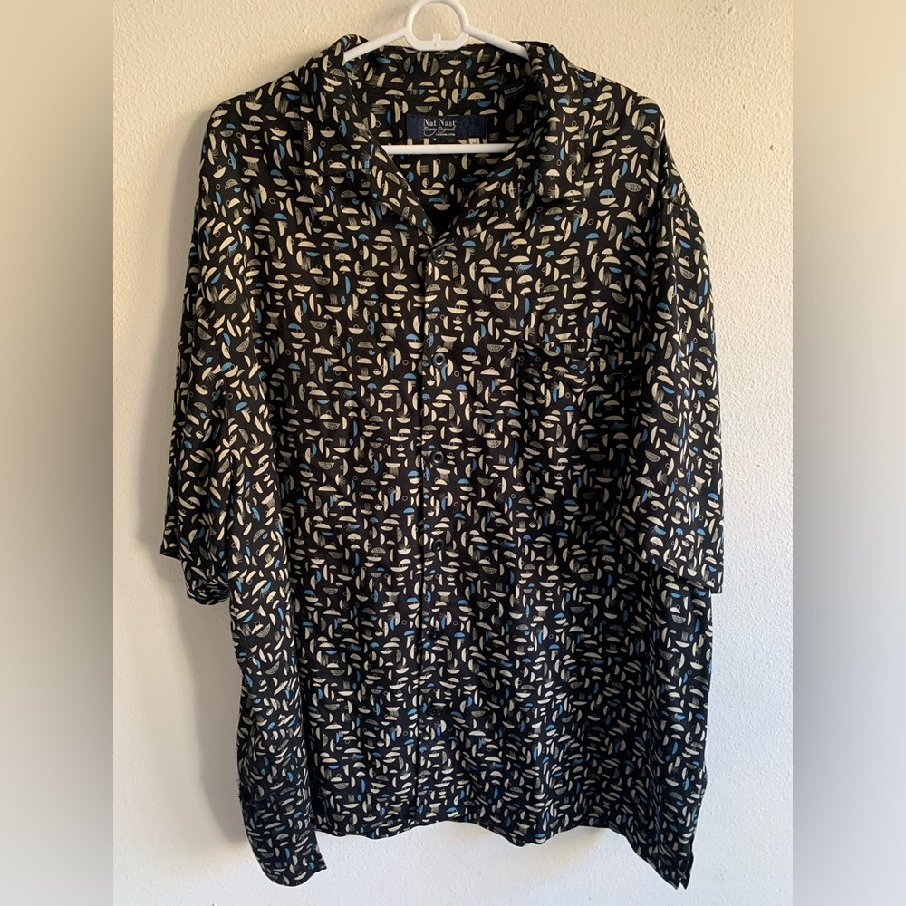 Nat Nast 100% Silk Resort Shirt Black Geometric Button Up Men’s Size XL